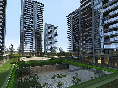 Modern High-Rise Residential Buildings In Community With Landscaped Greenery And Courtyard 3d model