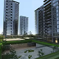 Modern High-Rise Residential Buildings In Community With Landscaped Greenery And Courtyard
