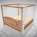 Wooden Four Poster Double Bed With Carved Frame White Canopy And Colorful Pillows