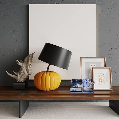 Black Lampshade Table Lamp on Wooden Desk with Pumpkin Rhino Decor and Photo Frame 3d model