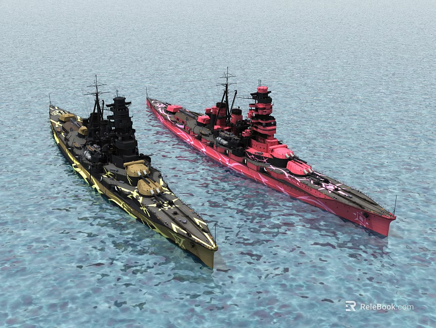 Two Military Warships Sailing On Blue Ocean With Red And Yellow Hulls 3d model 