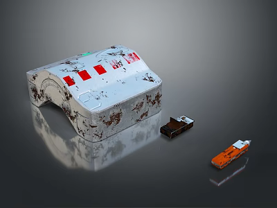 White Electronic Device with Red Stripes and Small Vehicle Models 3d model