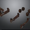 Vintage Wooden Scene Components With Long Bars Cylindrical Blocks And Holes