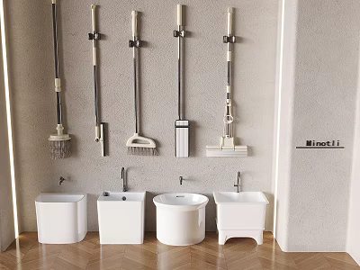 Modern Bathroom Accessories Including Mops Brooms Sinks And Wall Hooks 3d model