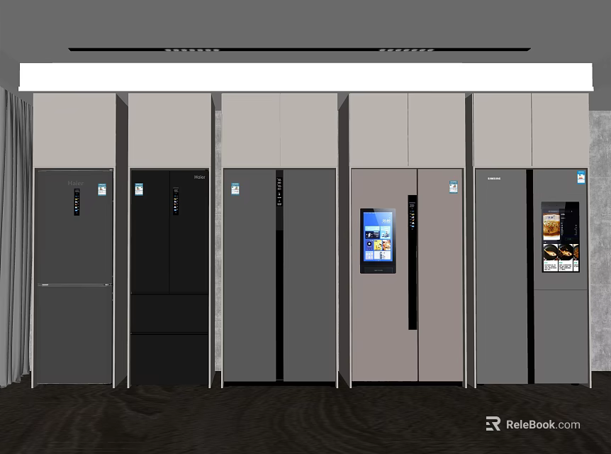Multiple Refrigerators and Freezers in Various Colors Displayed in Modern Showroom 3d model 