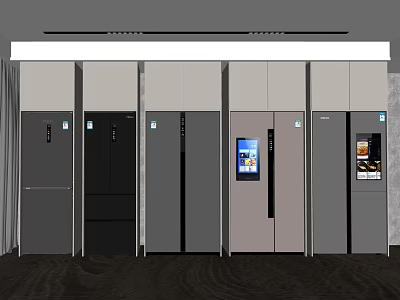 Multiple Refrigerators and Freezers in Various Colors Displayed in Modern Showroom 3d model