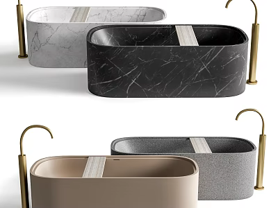 Elegant Modern Marble Bathtubs In Black Grey Beige With Gold Faucets Design 3d model