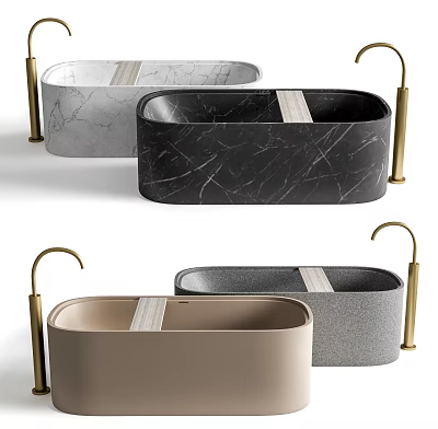Elegant Modern Marble Bathtubs In Black Grey Beige With Gold Faucets Design 3d model