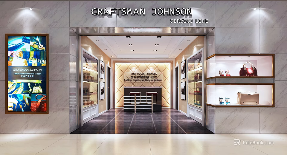 Elegant Craftsman Johnson Store Entrance With Marble Walls Display Shelves And Counter 3d model 