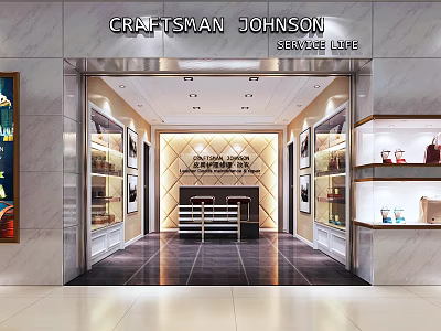 Elegant Craftsman Johnson Store Entrance With Marble Walls Display Shelves And Counter 3d model