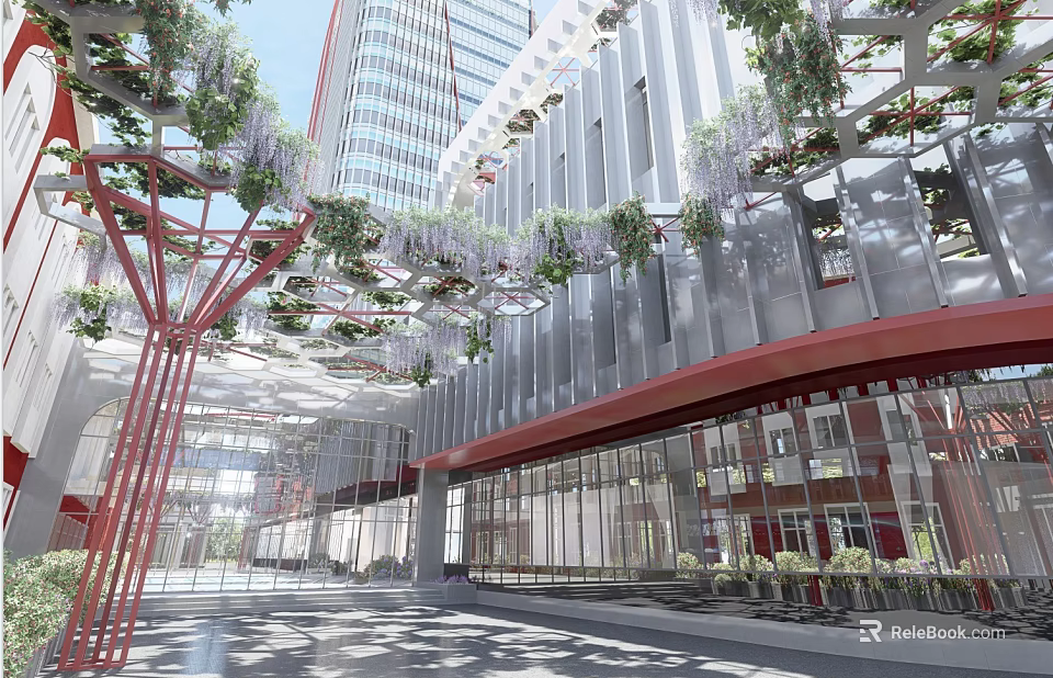 Modern Office Building Exterior With Greenery Covered Facade Red Structural Elements And Glass Walls 3d model 