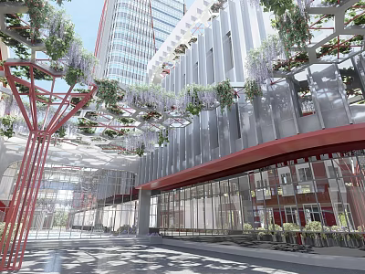Modern Office Building Exterior With Greenery Covered Facade Red Structural Elements And Glass Walls 3d model