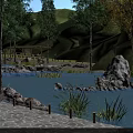 Wooden Bridge with Small Waterfall Among Green Grass Trees and Red Tents by River Rocks