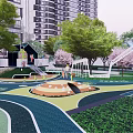 Modern Garden Landscape Design With Arched Entrance And Symmetrical Plants Near High Rise Buildings