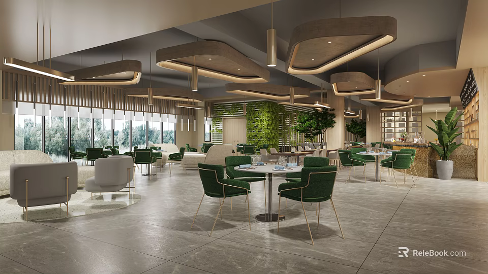Modern Restaurant Interior Featuring Open Kitchen Green Chairs Marble Tables Large Windows And Plant Decorations 3d model