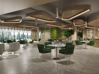 Modern Restaurant Interior Featuring Open Kitchen Green Chairs Marble Tables Large Windows And Plant Decorations 3d model