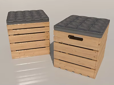 Wooden Storage Stools with Gray Padded Tops and Crate Style Design 3d model