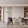 Modern Elegant Restaurant With White Dining Table Gray Chairs Wooden Bookshelves Green Plant And Fireplace