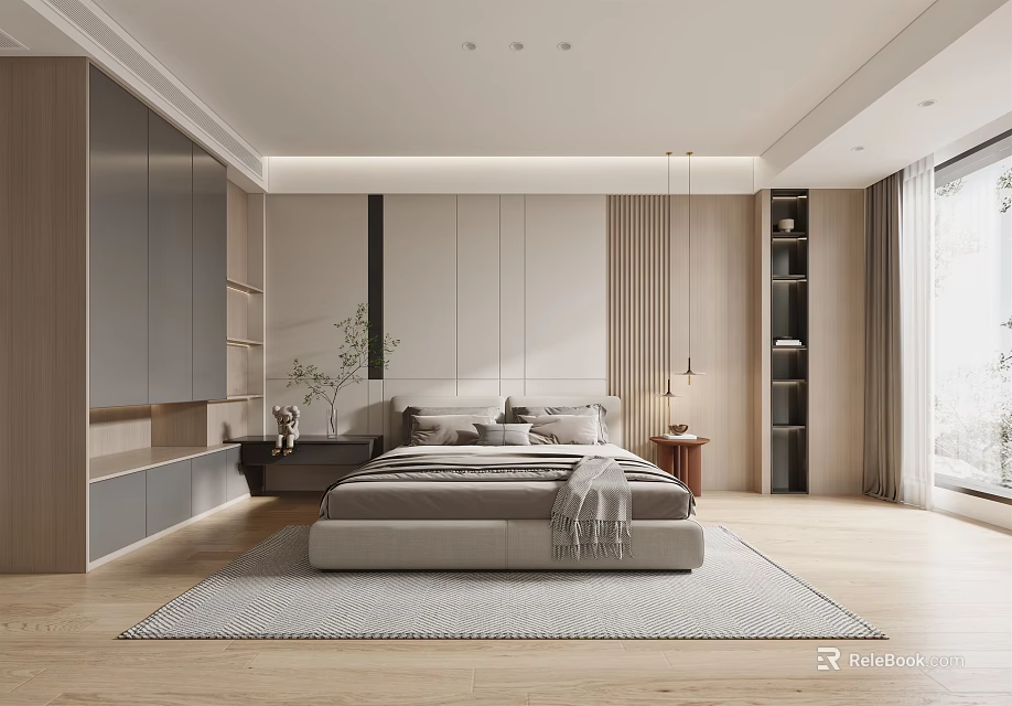 Modern Bedroom Interior Design With King Bed Wooden Flooring Area Rug And Floor-to-Ceiling Window 3d model 