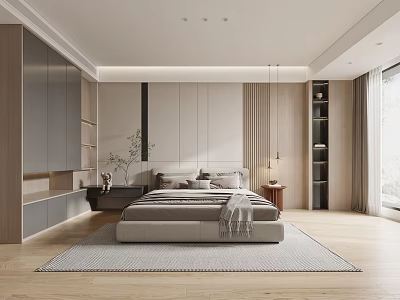 Modern Bedroom Interior Design With King Bed Wooden Flooring Area Rug And Floor-to-Ceiling Window 3d model