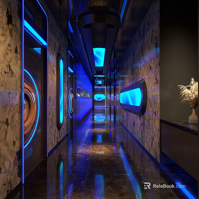 Modern KTV Corridor Design With Blue Lighting Decorative Walls And Reflective Floor 3d model 