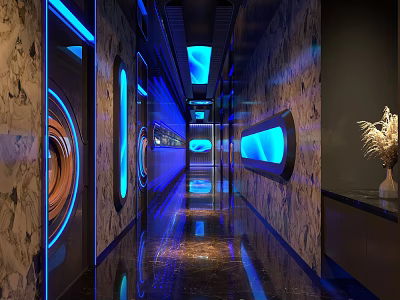 Modern KTV Corridor Design With Blue Lighting Decorative Walls And Reflective Floor 3d model