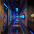 Modern KTV Corridor Design With Blue Lighting Decorative Walls And Reflective Floor