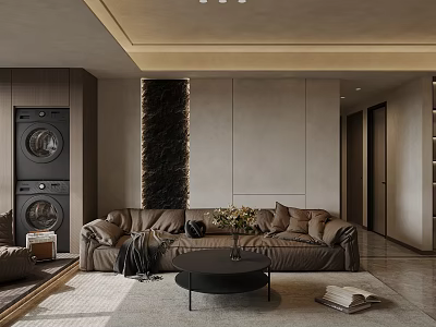 Modern Living Room Interior with Brown Sofa Black Coffee Table Decorative Column and Ceiling Light Strips 3d model