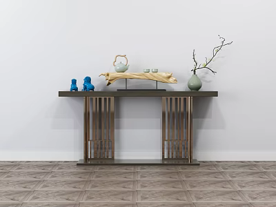 Elegant Console Table with Lattice Legs Wooden Top Teapot Teacups Green Vase Twig Blue Figurines 3d model
