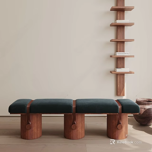 Dark Cushioned Wooden Leg Bench in Minimalist Interior with Wooden Shelf and Terracotta Pot 3d model 