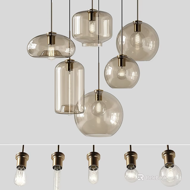 Modern Glass Chandeliers With Spherical Cylindrical Shapes And Gold Metal Hanging Design 3d model 