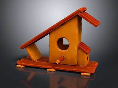 Decorative Ornament Set Featuring Wooden Birdhouse Design Red Roof And Circular Hole 3d model