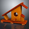 Decorative Ornament Set Featuring Wooden Birdhouse Design Red Roof And Circular Hole