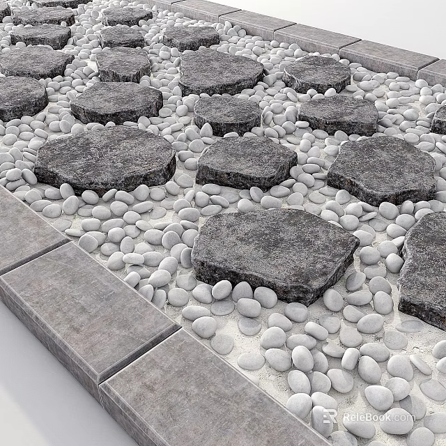 Natural Garden Ornamental Pathway With Hexagonal Stone Slabs And White Pebbles 3d model 