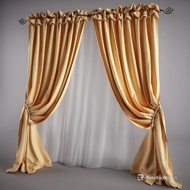 Elegant Golden Curtains with Luxurious Fabric and White Sheer Layers for Home Decor 3d model 