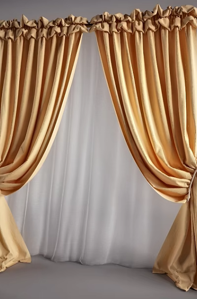 Elegant Golden Curtains with Luxurious Fabric and White Sheer Layers for Home Decor 3d model