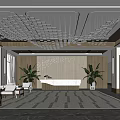 Modern Lobby Front Desk Reception With Square Ceiling Lights Potted Plants And Sofa Seating 3d model