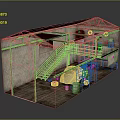 Brick Industrial Building with Red Roof Large Window and Garage Door Design