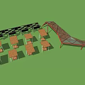 Wooden Pergola with Geometric Structure and Outdoor Tables Chairs in Garden Area