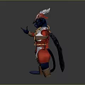 Striking Game And Movie Character With Red Coat Blue Skin Feathered Hat Cape And Badge