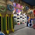 Toy Wholesale Store Interior With Colorful Toys Lifebuoys Kayaks And Display Shelves