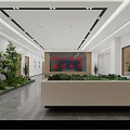 Spacious Modern Public Service Hall With Polished Marble Floor Large Smart Display And Indoor Greenery