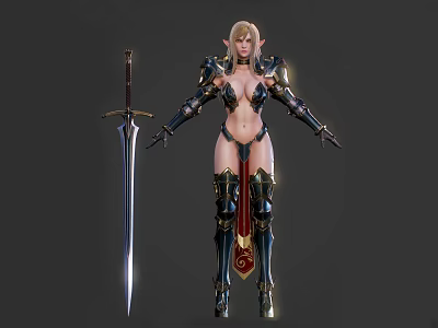 Fantasy Elven Warrior with Blonde Hair Armored Gear and Steel Sword 3d model