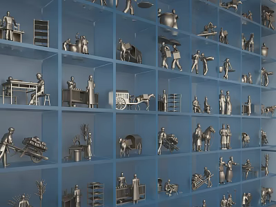 Silver Miniature Decorative Figurine Set Display on Blue Shelves with Various Designs 3d model