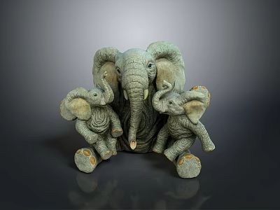 Decorative Elephant Family Sculpture With Adult And Baby Elephants Gray Orange Feet 3d model