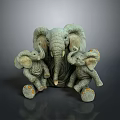 Decorative Elephant Family Sculpture With Adult And Baby Elephants Gray Orange Feet
