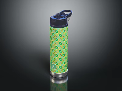 Insulated Stainless Steel Water Bottle With Blue Lid And Colorful Green Yellow Pattern 3d model