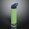 Insulated Stainless Steel Water Bottle With Blue Lid And Colorful Green Yellow Pattern