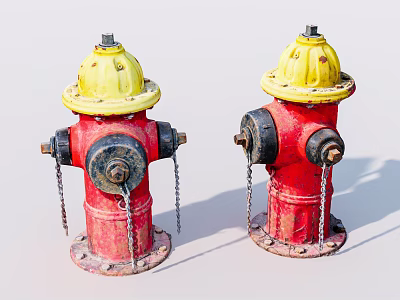 Red And Yellow Fire Hydrants With Chains As Outdoor Fire Safety Equipment 3d model