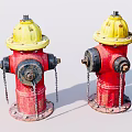Red And Yellow Fire Hydrants With Chains As Outdoor Fire Safety Equipment